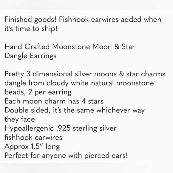 Hand Crafted Earrings Moonstone Moon & Star Dangle Pierced Silver White - Picture 8 of 9